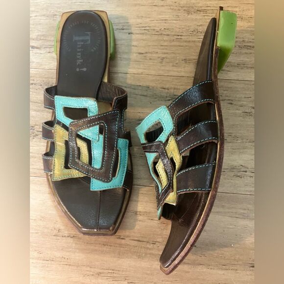 Think! Designer leather upper/ sole geometric retro women’s slides 9.5” size 8 - Picture 4 of 6